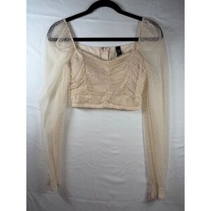 Windsor Cream Polka Dot Mesh Ruched Long Sleeve Crop Top Womens corset style